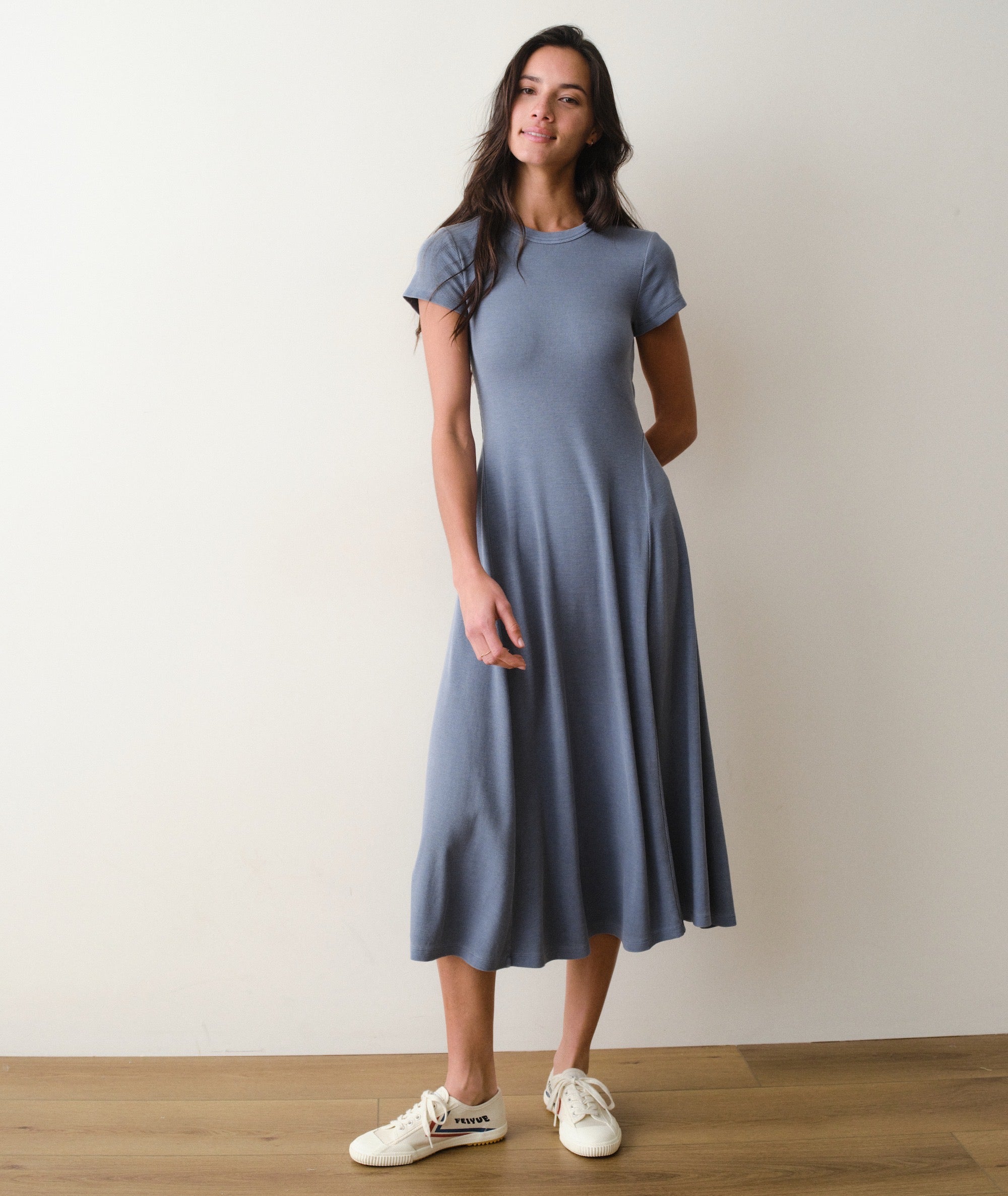 Women's Lexi Short Sleeve Fit & Flare Midi Dress | Blue | Large by Marine Layer Women's Lexi Short Sleeve Fit & Flare Midi Dress | Blue | Large by Marine Layer