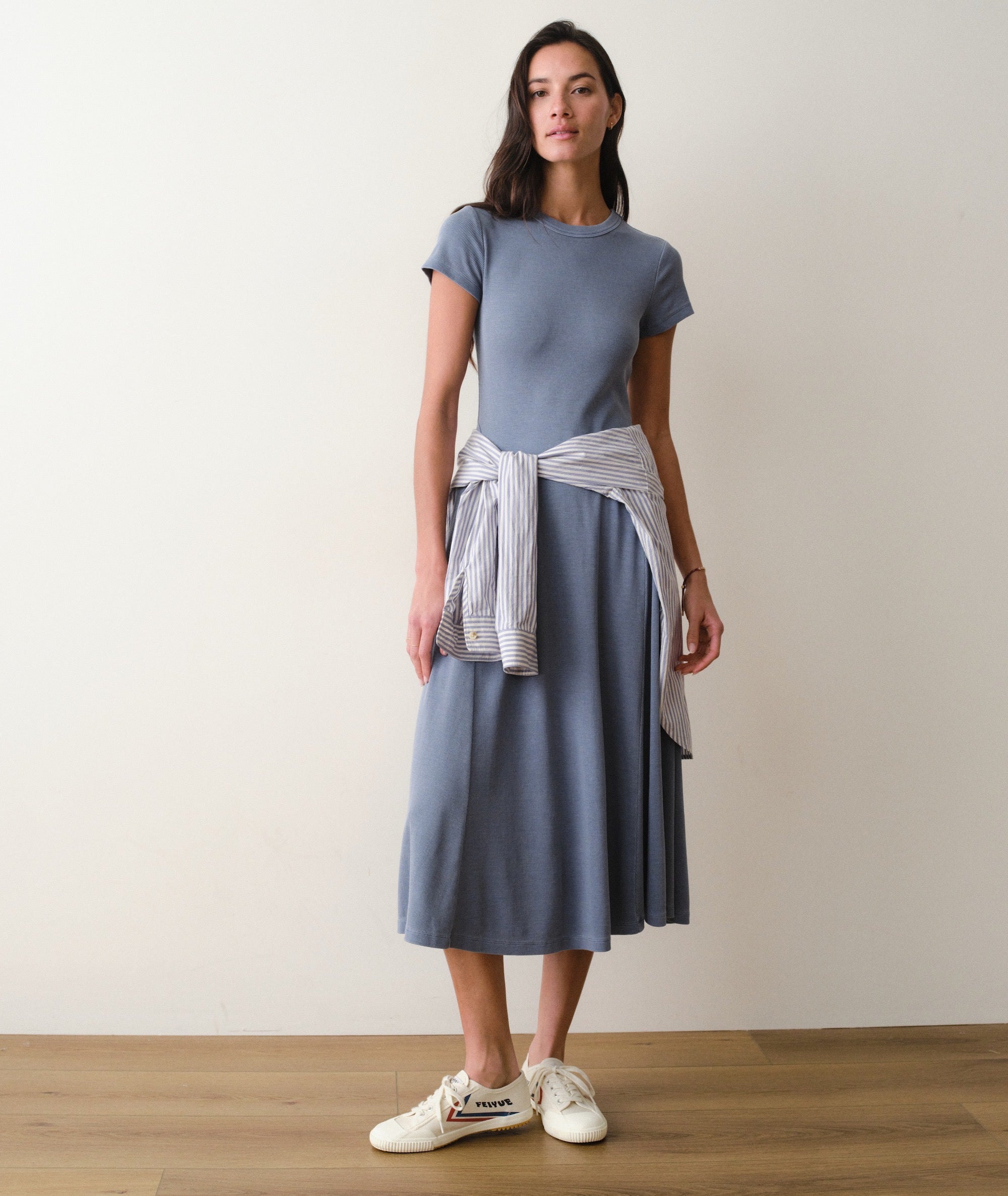 Women's Lexi Short Sleeve Fit & Flare Midi Dress | Blue | Large by Marine Layer Women's Lexi Short Sleeve Fit & Flare Midi Dress | Blue | Large by Marine Layer