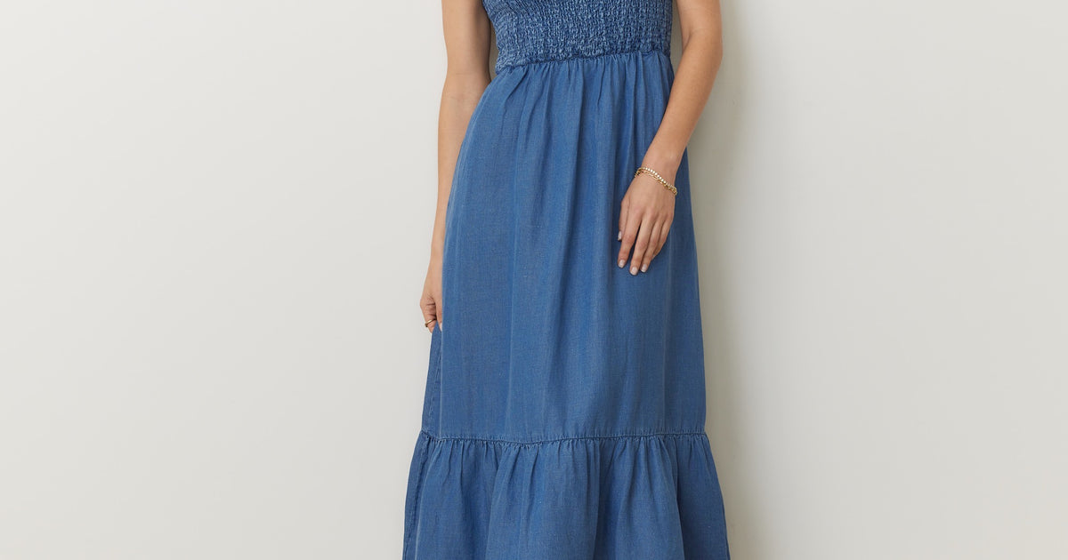 marine layer smocked tiered maxi dress Marine Layer Women's Selene Maxi Dress, Medium, Medium Wash