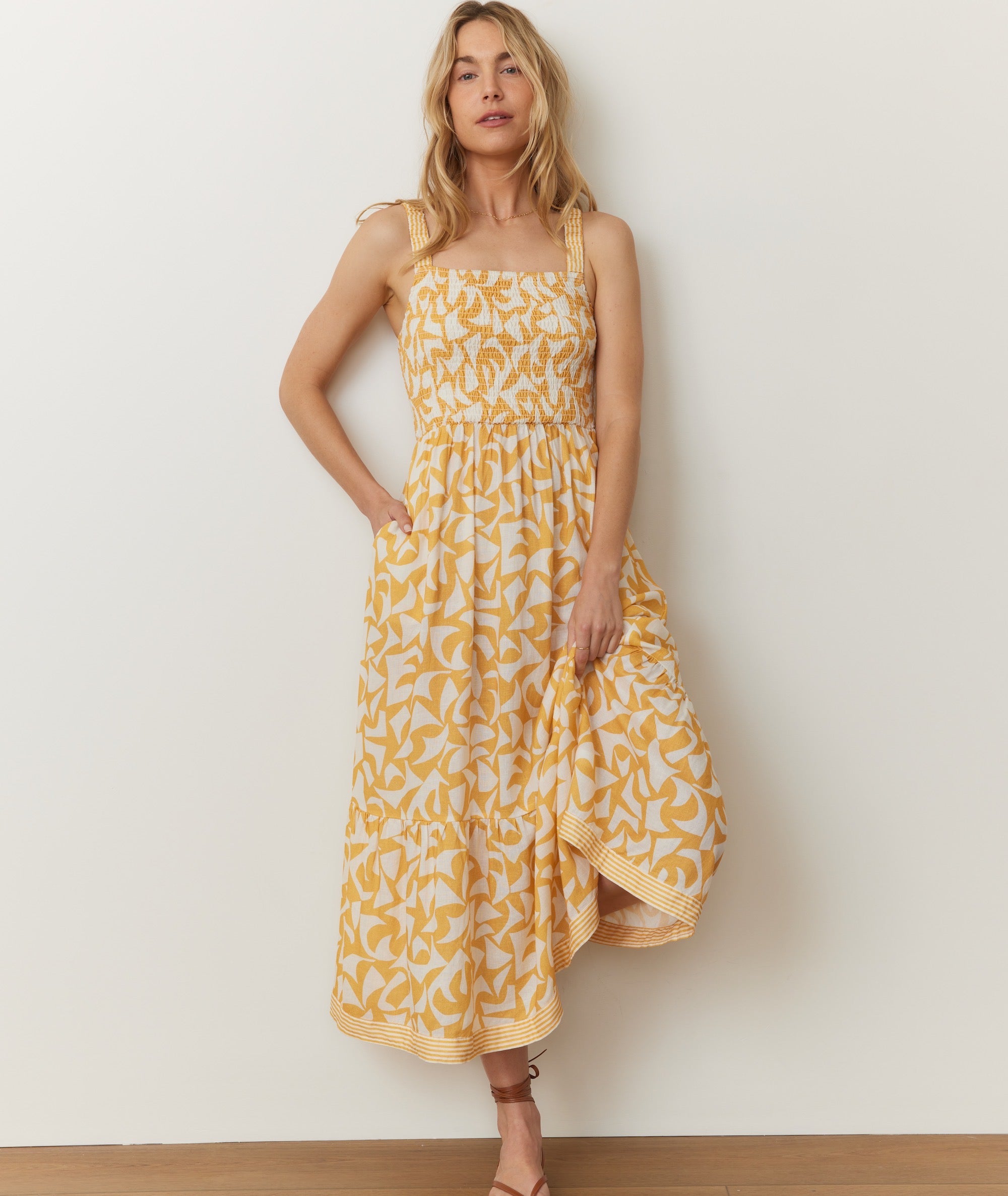 Marine Layer Women's Selene Smocked Maxi Dress - Yellow - Size XL - Marigold Geo Marine Layer Women's Selene Smocked Maxi Dress - Yellow - Size XL - Marigold Geo