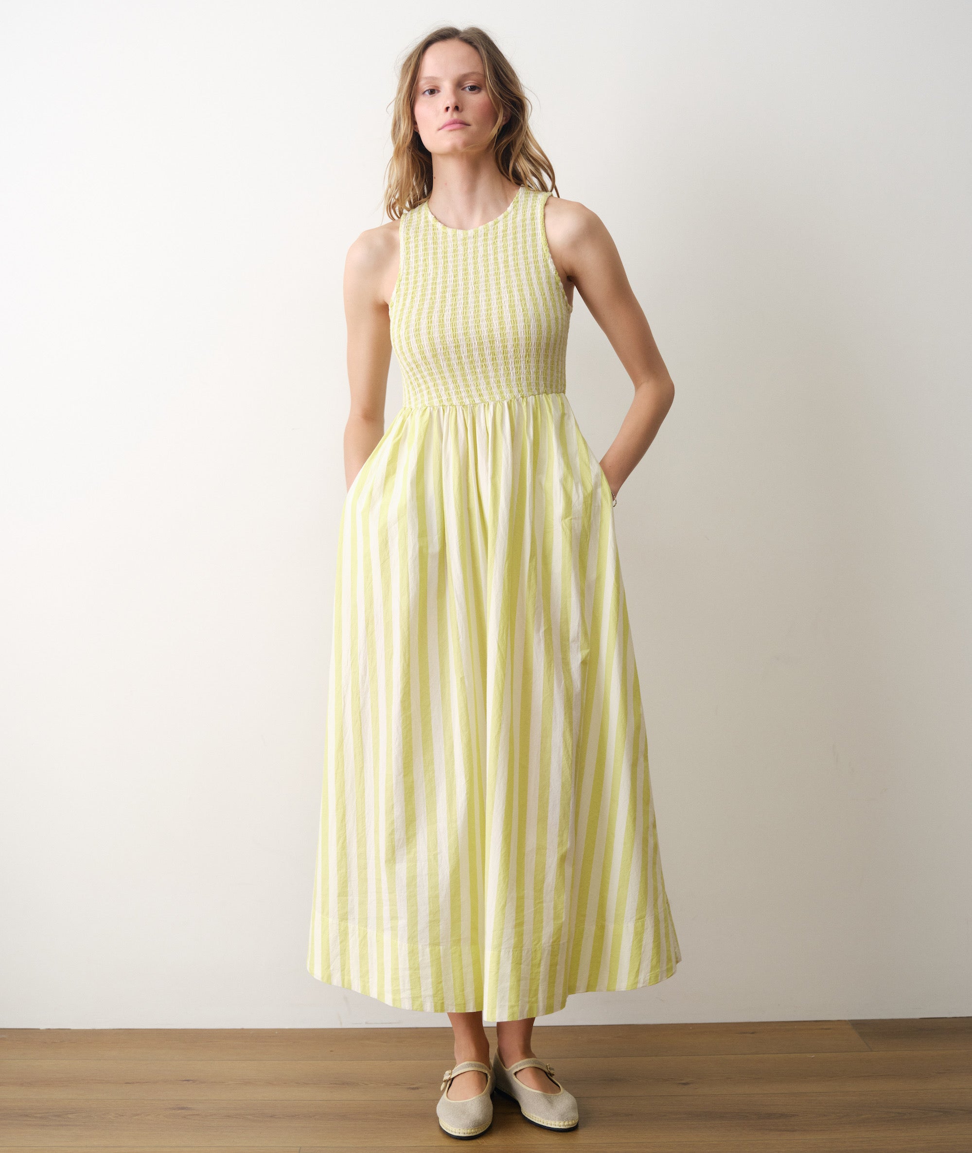 Marine Layer Women's Darcy Poplin Smocked Dress, Small, Lime Stripe