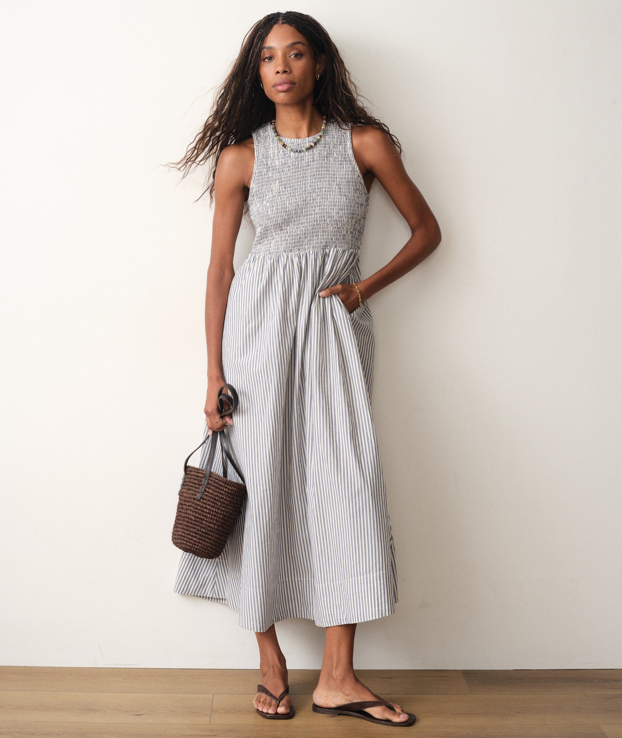 Marine Layer Women's Darcy Poplin Smocked Dress, Large, Navy Stripe Marine Layer Women's Darcy Poplin Smocked Dress, Large, Navy Stripe