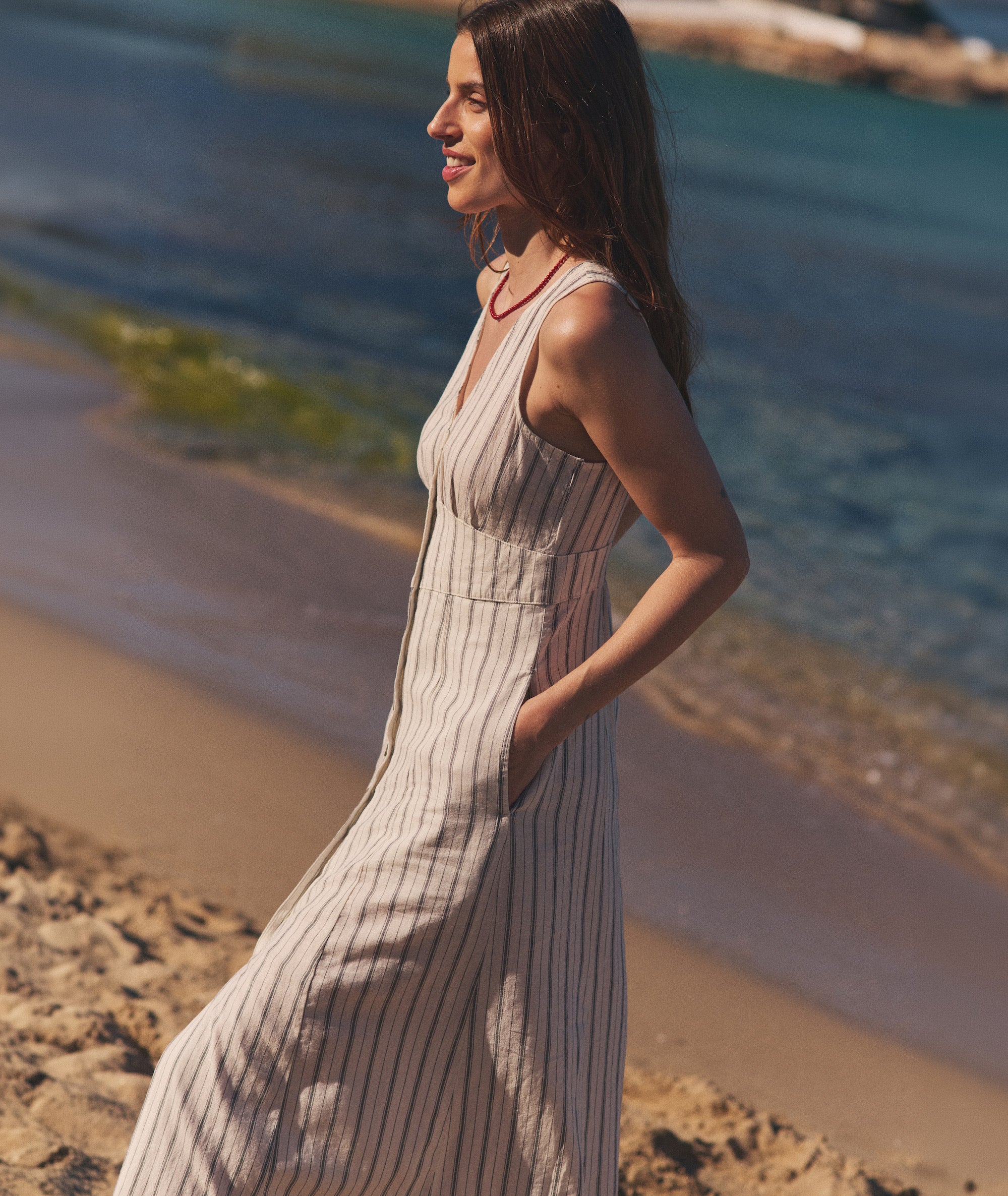 axel maxi dress accordion stripe cream navy FAITHFULL Axel Maxi Dress in Accordion Stripe Cream Navy