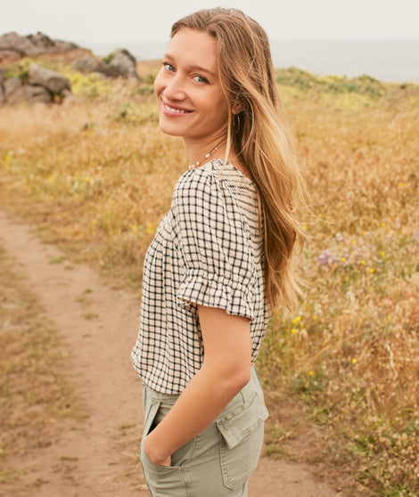 Elena Smocked Top in Parchment/Black Windowpane