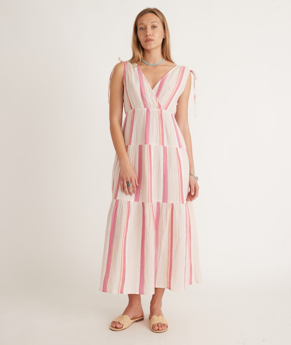 Sage Double Cloth Maxi Dress in Pink Stripe