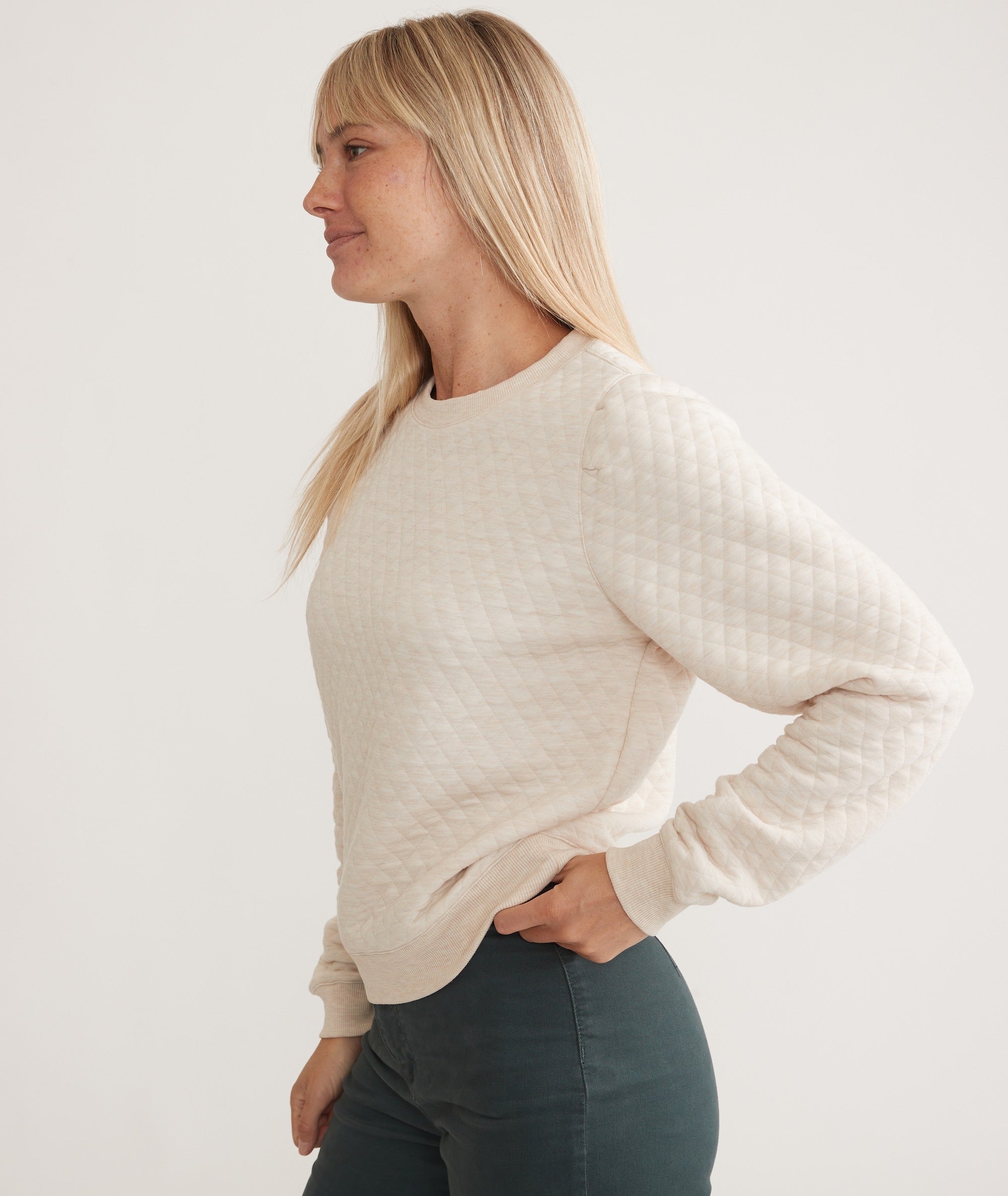 Women's Corbet Quilted Puff Sleeve Crewneck in Oat Heather