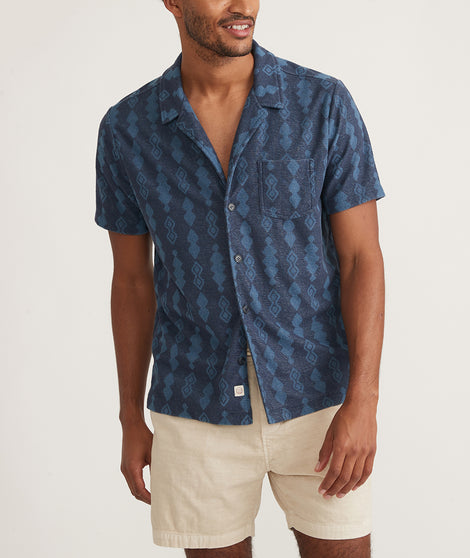 Terry Out Jacquard Resort Shirt in Navy Geo Print