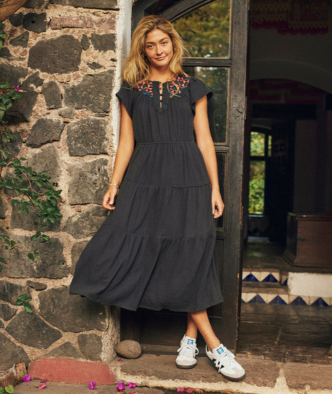 Leticia Embroidered Dress in Washed Black