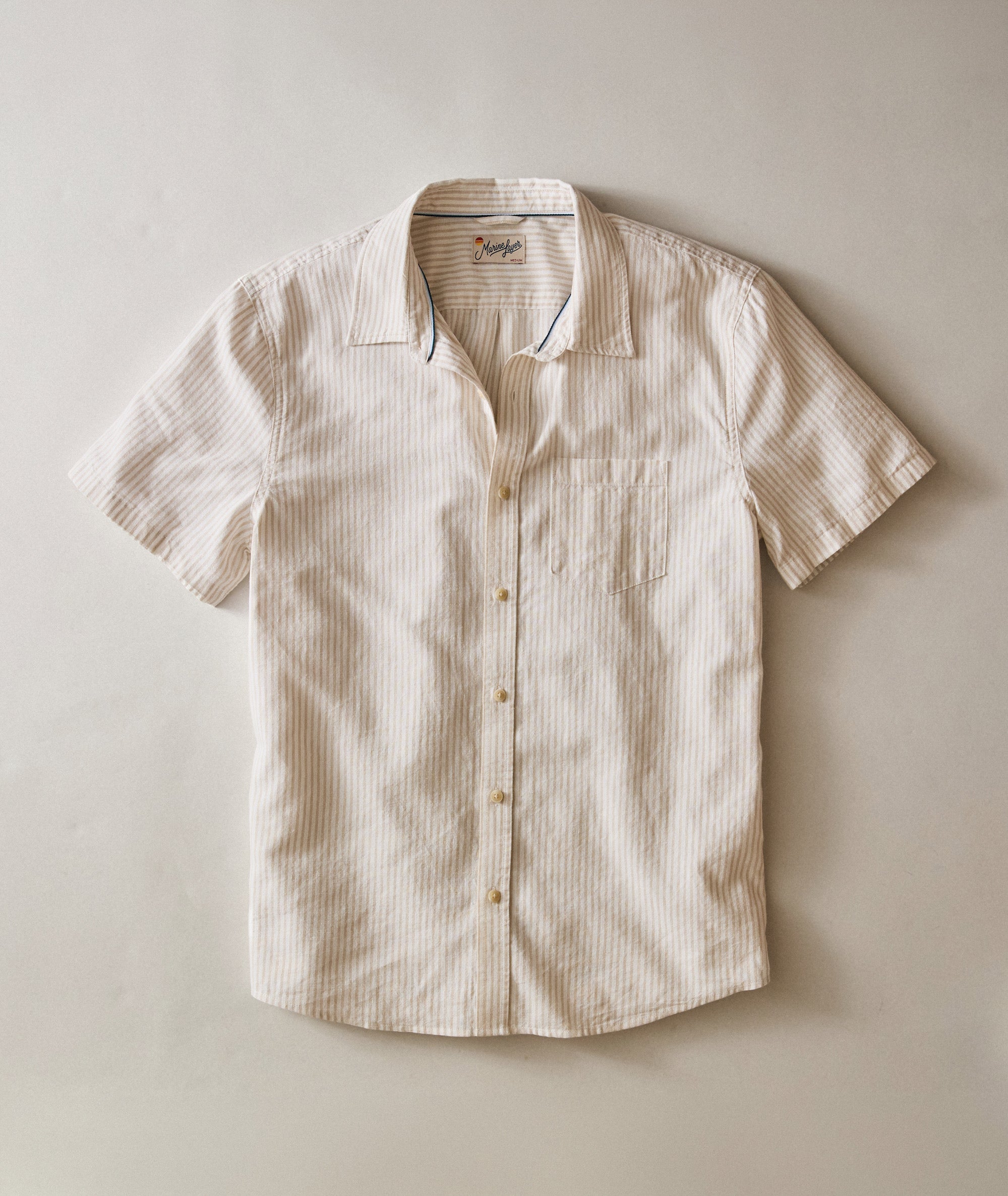 Marine Layer Better Than Linen Men Shirt in Cream - Tan & White Stripe Marine Layer Better Than Linen Men Shirt in Cream - Tan & White Stripe
