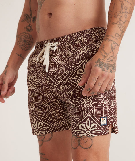 5" Swim Trunk in Brown Block Print