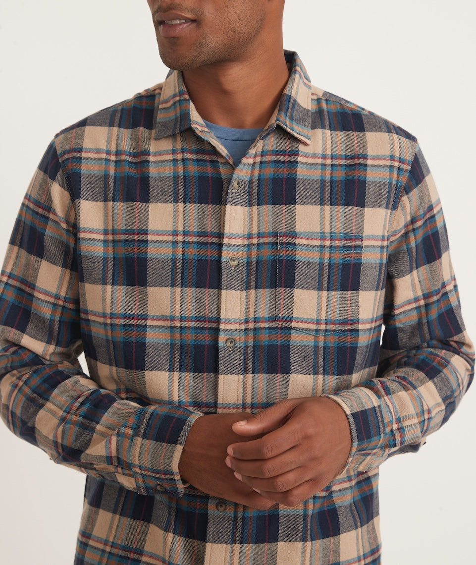 Marine Layer Classic Fit Long Sleeve Balboa Stretch Button Down in Light  Blue/Green Plaid