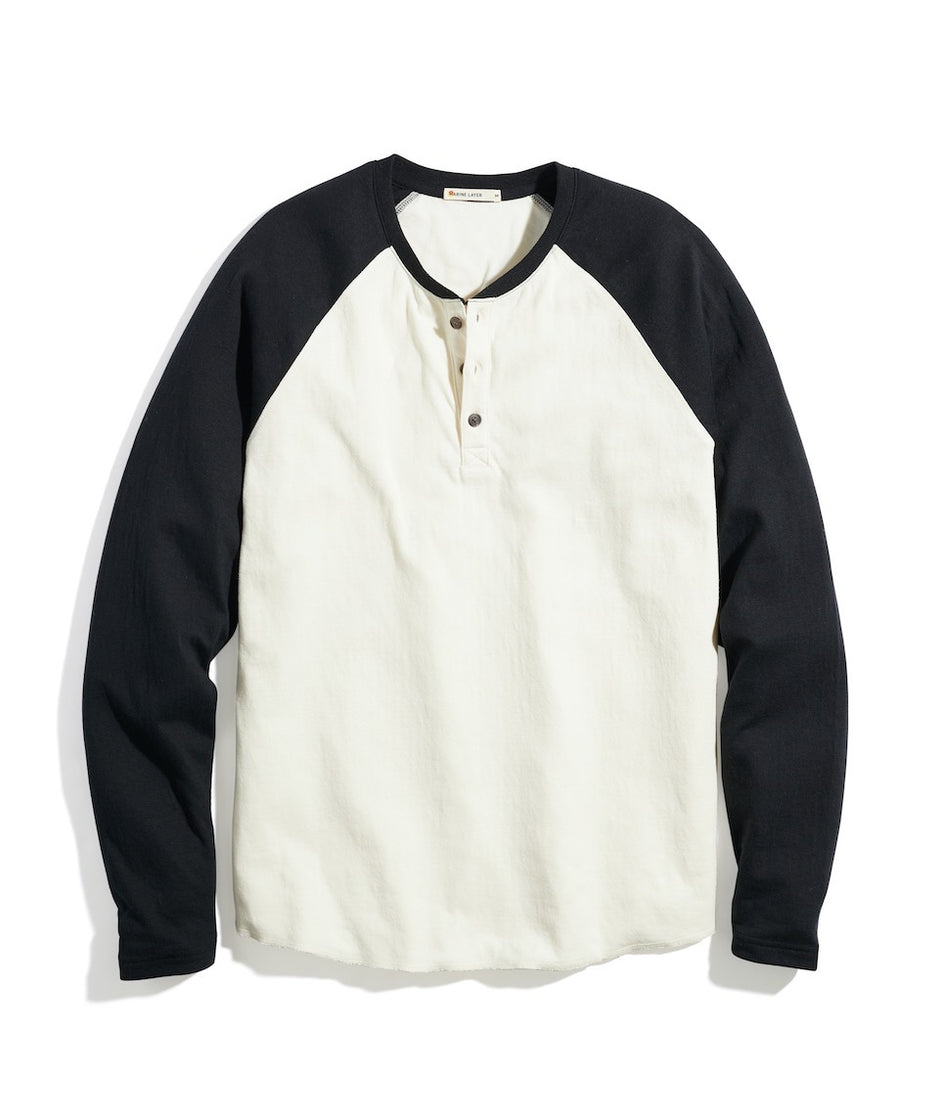 Double Knit Long Sleeve Baseball Henley in Natural/Moonless Night