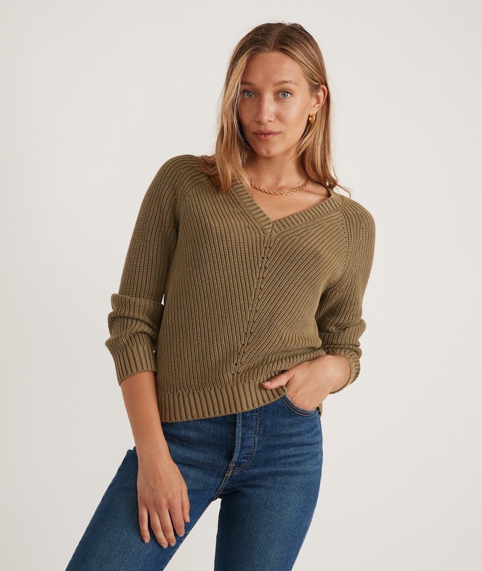 Ezra V Neck Sweater in Military Olive Marine Layer