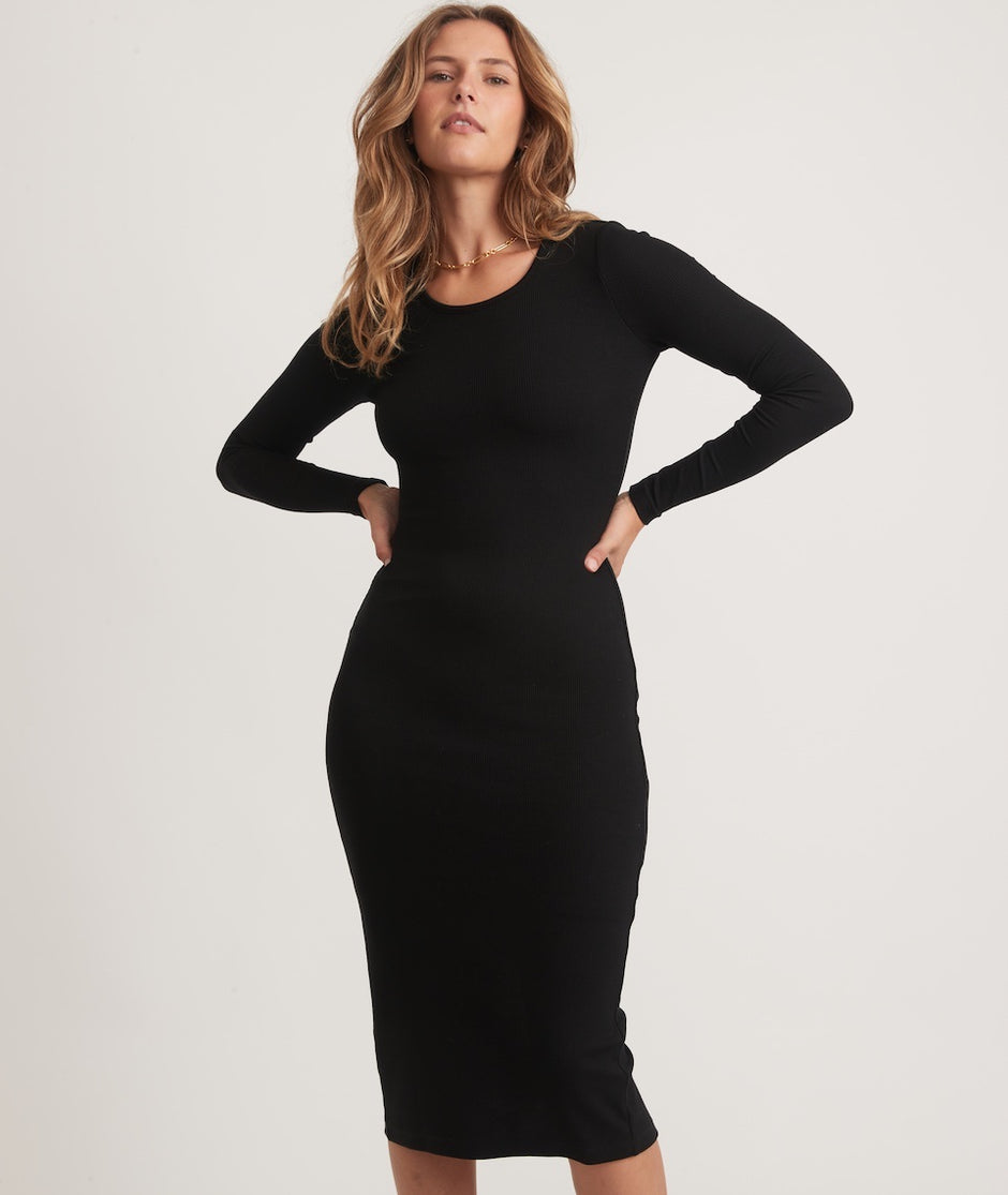 Lexi Rib Long Sleeve Midi Dress in Black