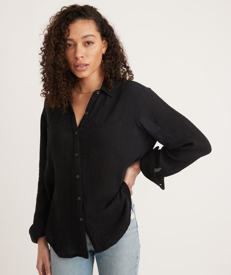Reese Doublecloth Button Down in Black
