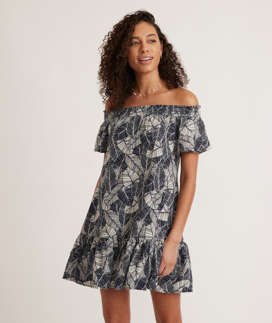 Shirley Off The Shoulder Dress in Navy Palm
