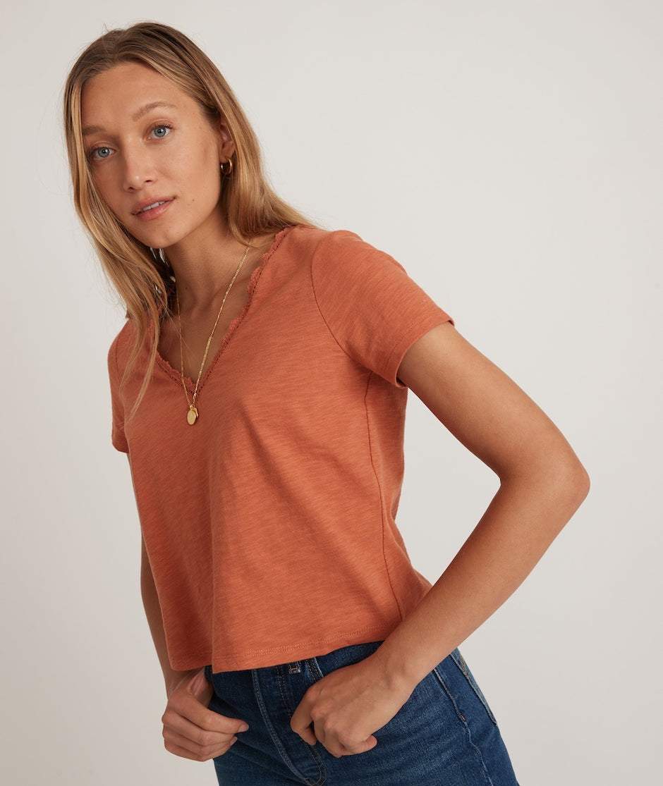 Rhea Lace Trim V-Neck Tee in Amber Brown