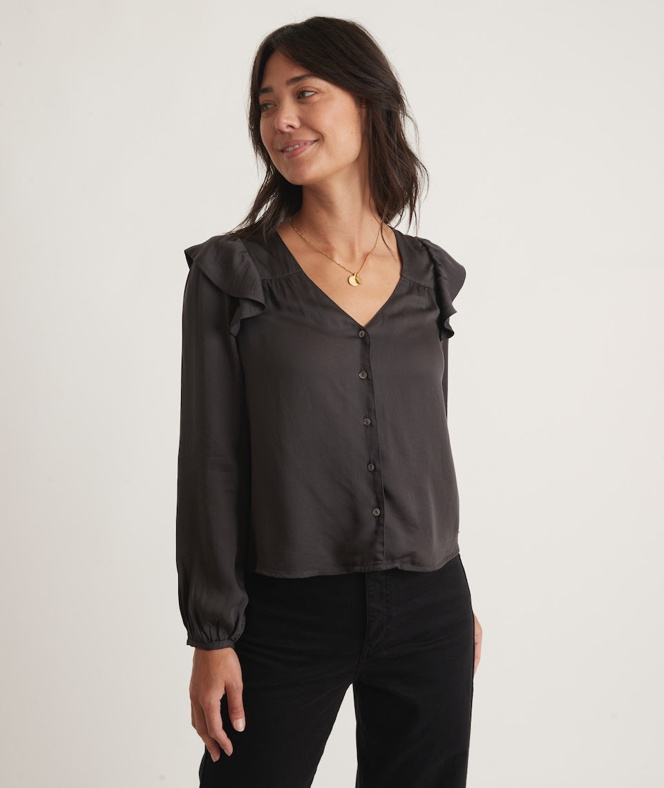 Rory Longsleeve Ruffle Blouse in Charcoal Marine Layer