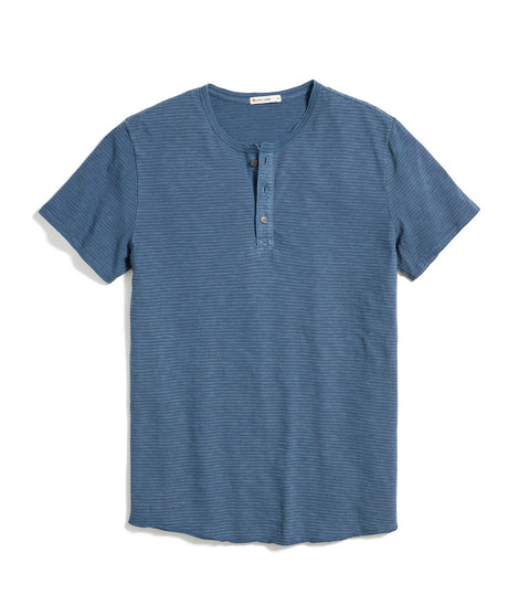 Short Sleeve Cotton Slub Henley in Mood Indigo Stripe