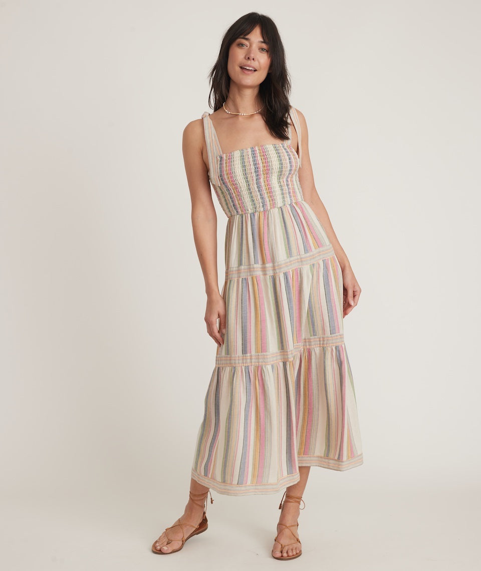 Selene Smocked Tiered Maxi Dress in Beachy Stripe – Marine Layer