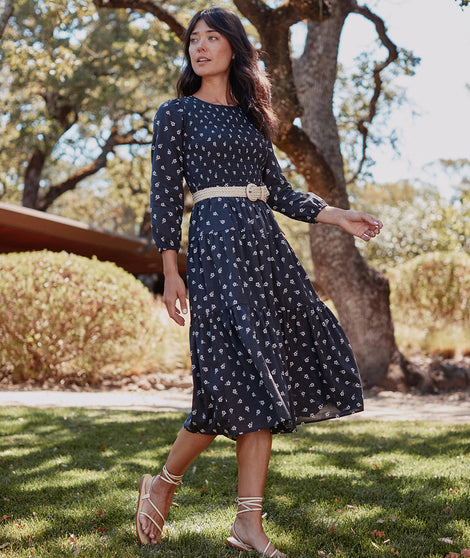 Camille Smocked Midi Dress in Black Modern Ditsy