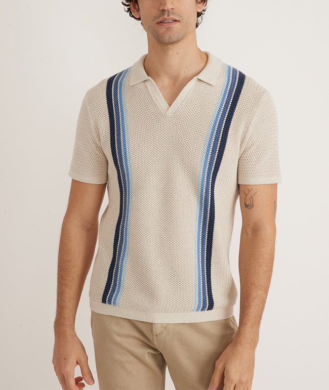 Conrad Sweater Polo in Oatmeal Blue Stripe – Marine Layer