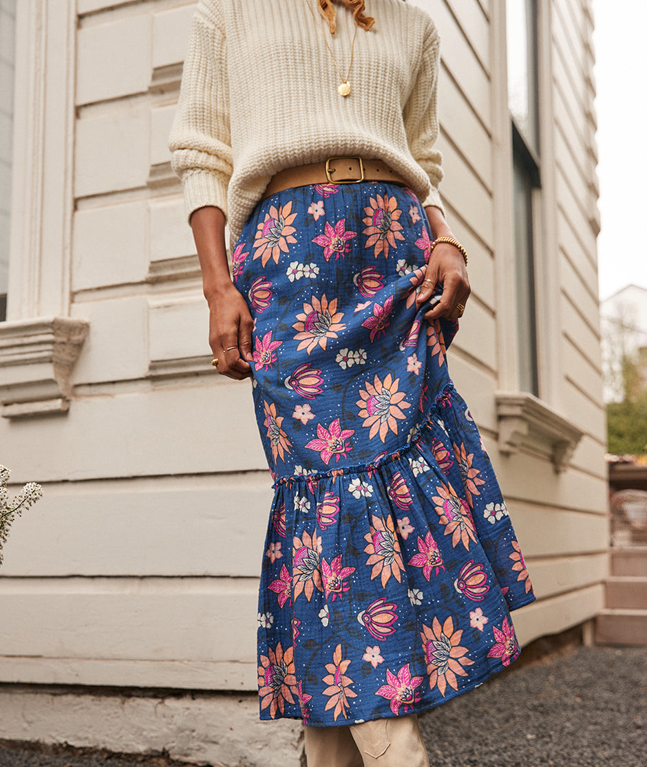 Corinne Doublecloth Midi Skirt in Batik Floral