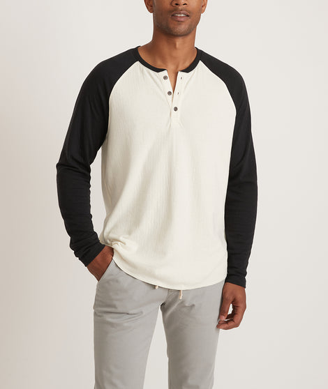 Double Knit Long Sleeve Baseball Henley in Natural/Moonless Night